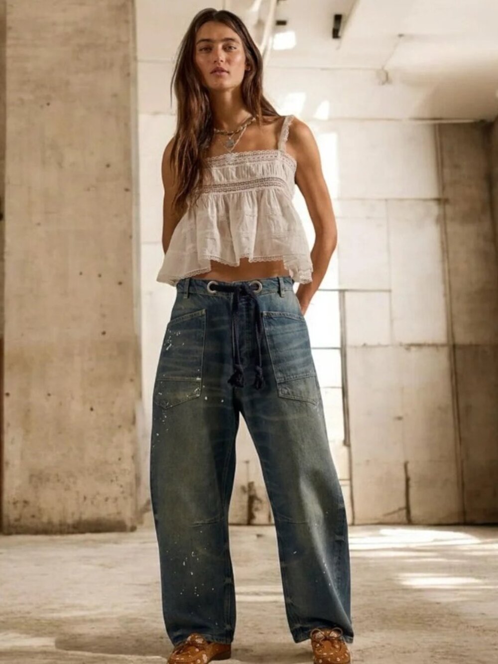 NWT Free People Moxie Low Slung Pull On Barrel Jeans Timeless Blue size- 32L